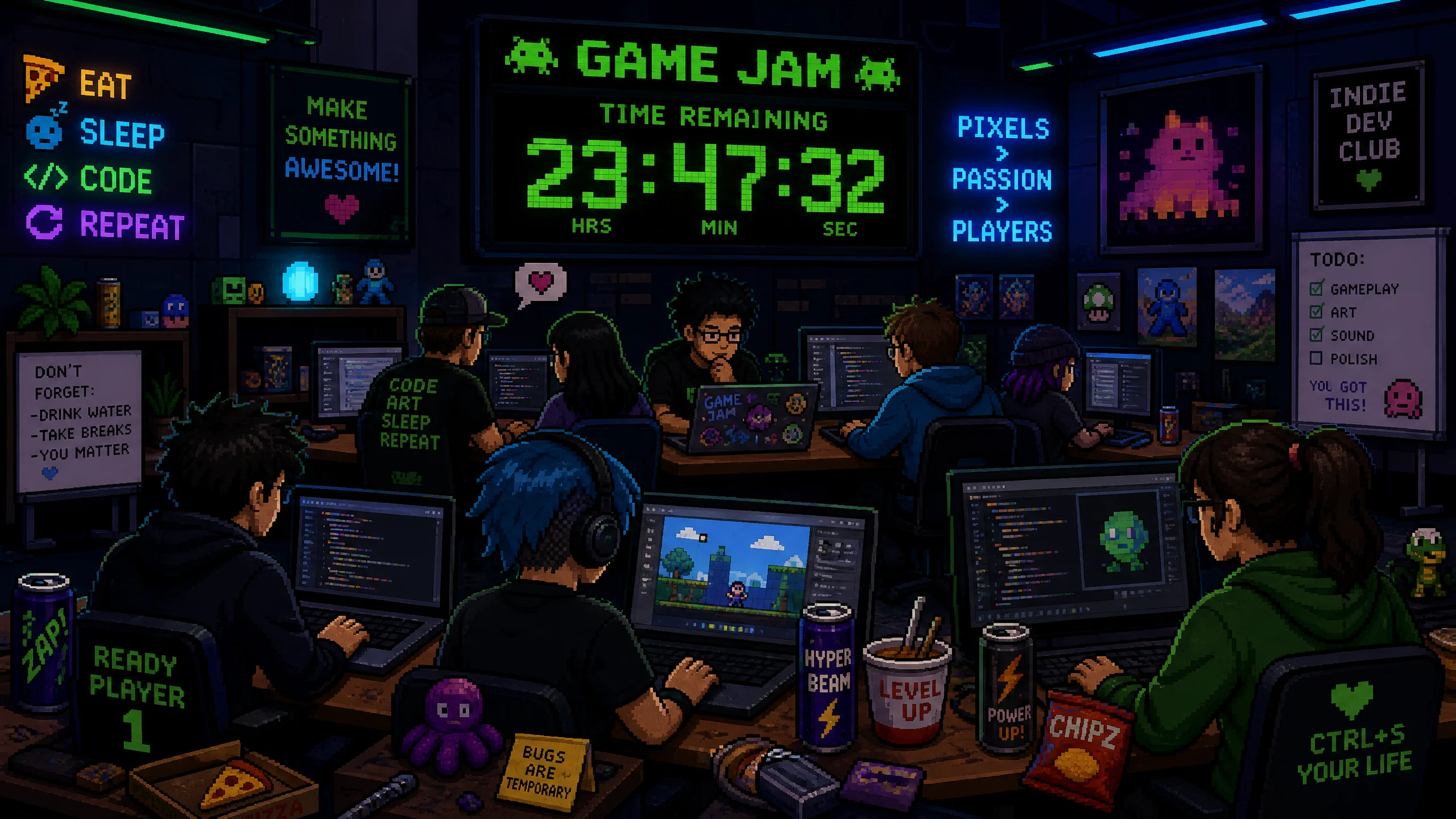 GameJam线下活动现场，开发者们在霓虹灯光下协作编程